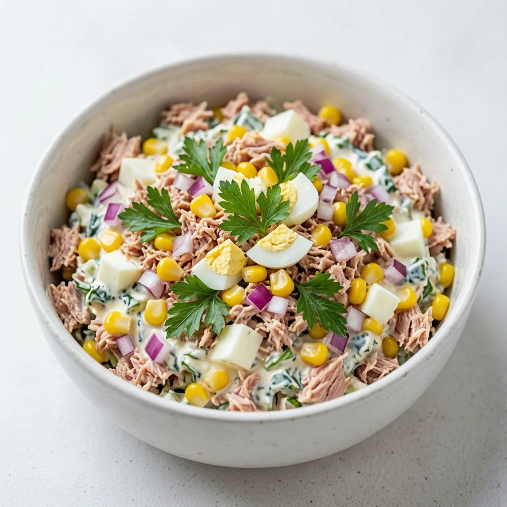 Салат с тунцом, яйцом, кукурузой, помидорами черри и зеленью